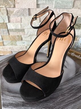 Jennifer Lopez Black Suede Open-Toe Ankle-Strap Stilettos